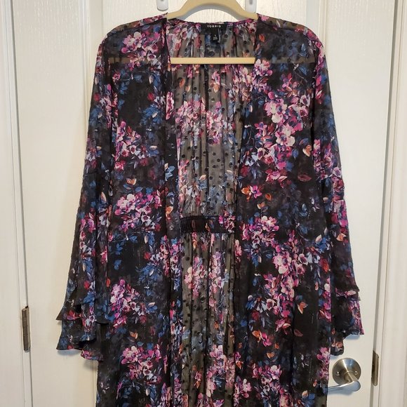 Worn Once--Black Floral Dotted Trench Duster Open-Tunic/Cardigan - Picture 9 of 15